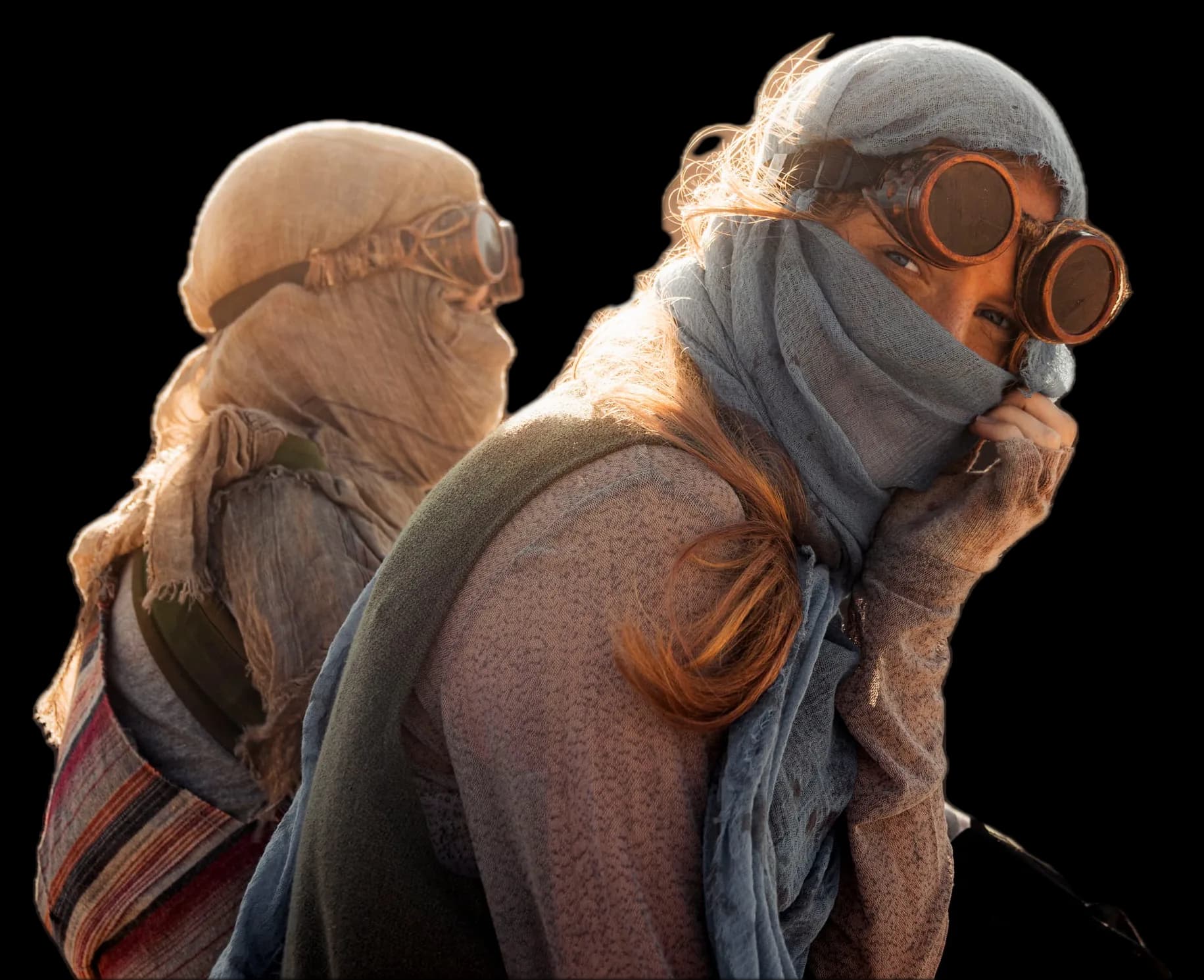 A young woman looks back over her shoulder at the camera, holding a blue scarf over her face. Orange backlight sets her hair aglow, and a blurred figure in gauze stands behind her.